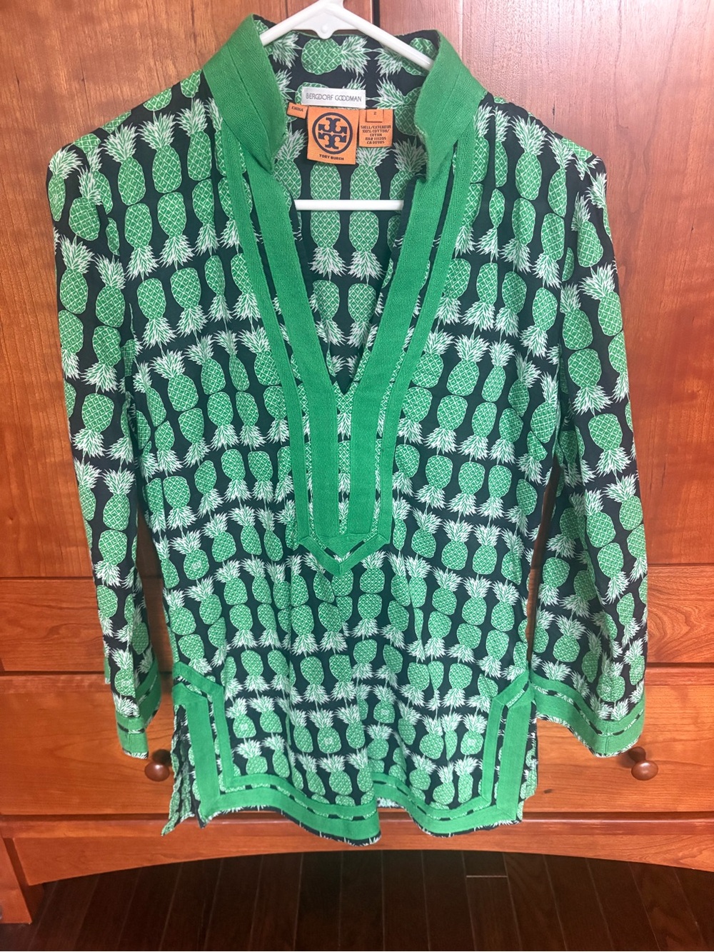 Tory Burch Green Pineapple Standing Collar Tunic